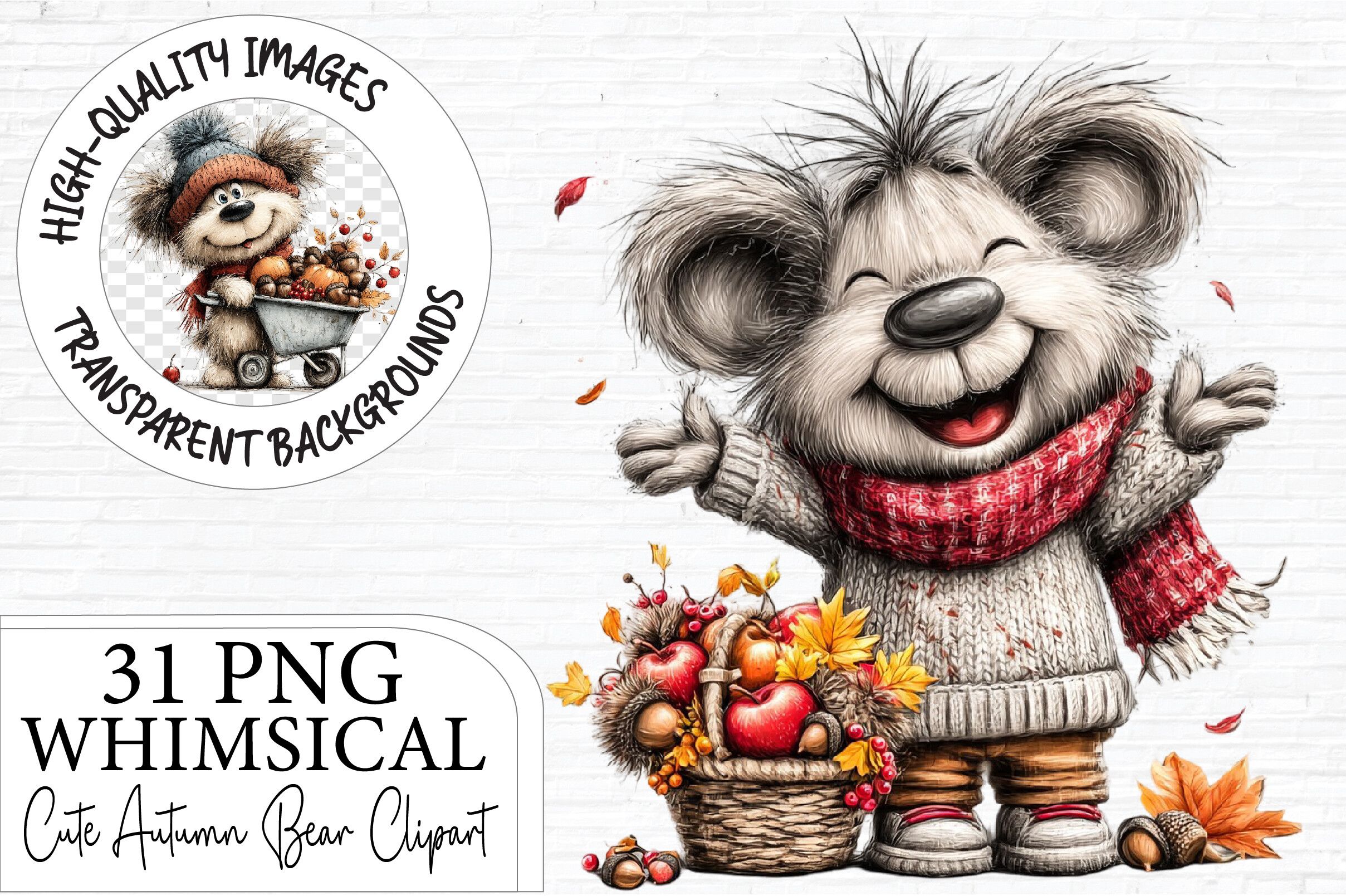 Whimsical Cute Autumn Bear PNG Clipart