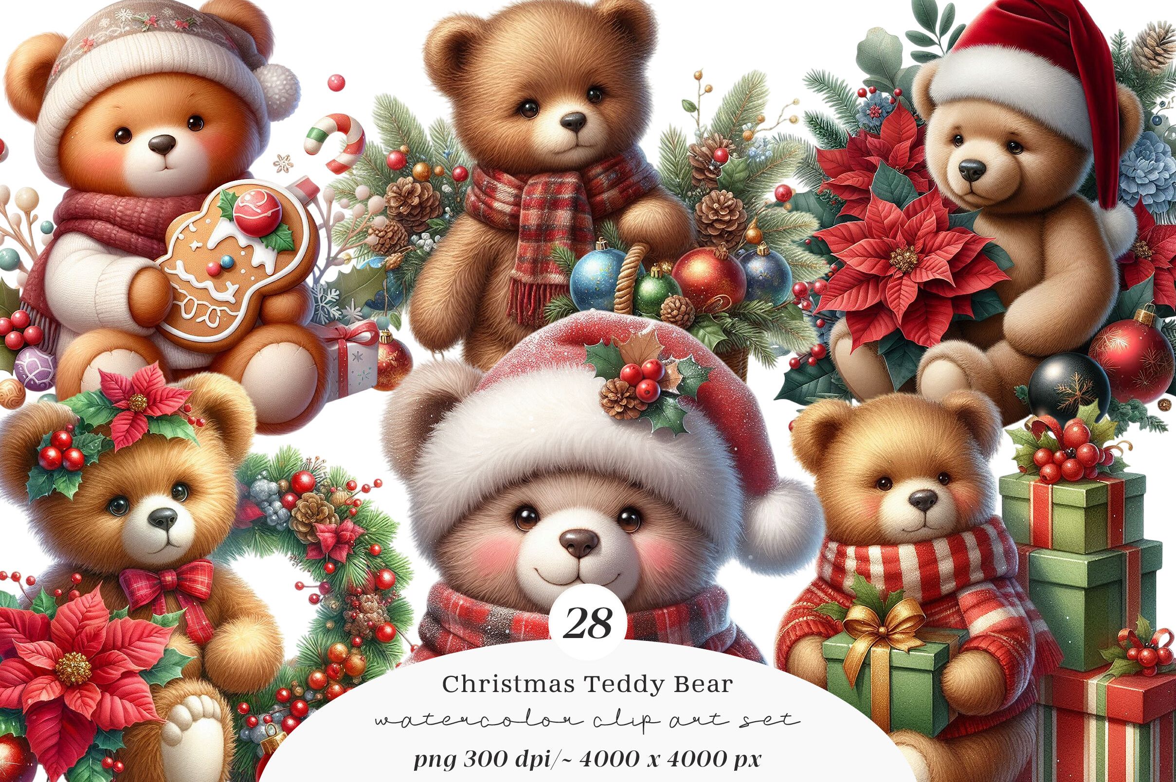 Watercolor Christmas Teddy Bear Clipart
