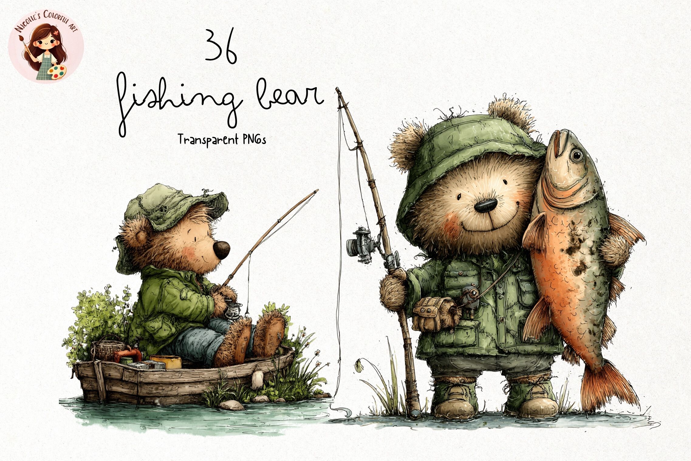 Fishing Bear PNG Clipart Set