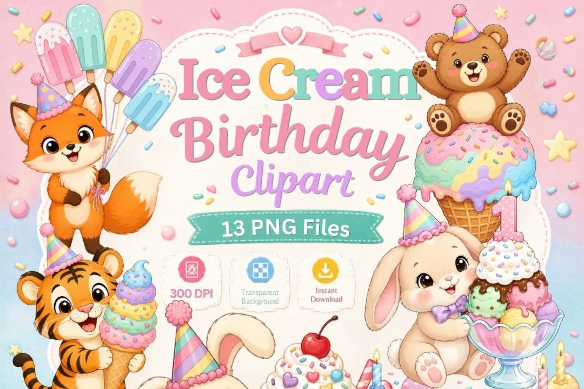 Ice Cream Birthday Clipart Bundle | Cute