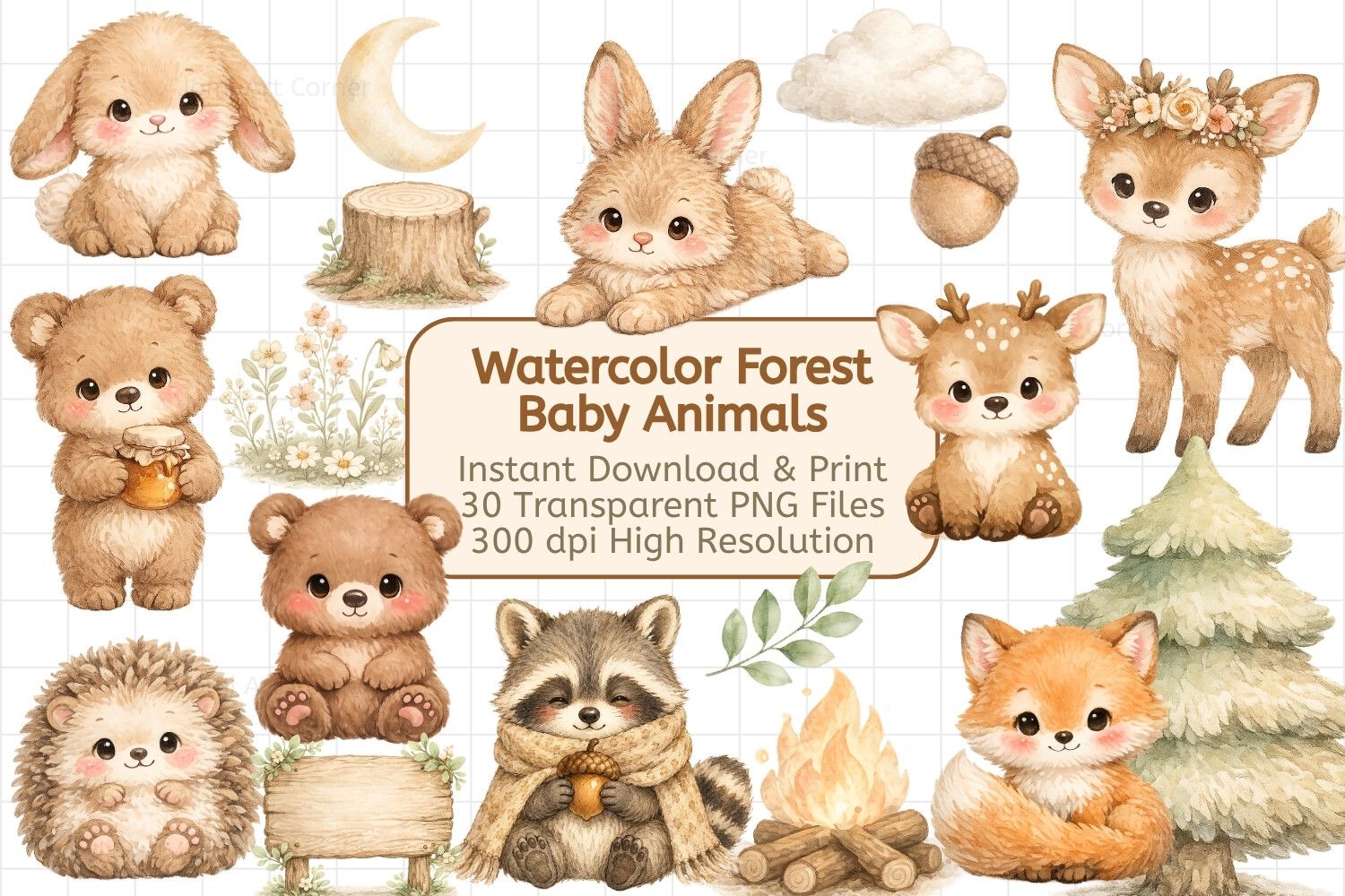 Watercolor Forest Baby Animals